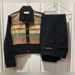 Lovely black, peach & green leather & denim jacket and matching jeans set